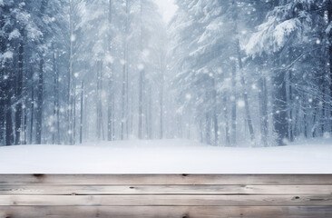 Fototapeta premium Winter Christmas scenic landscape with copy space. Wooden flooring, white trees in forest covered with snow, snowdrifts and snowfall against blue sky in sunny day on nature outdoors, blue tones