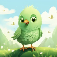 A green bird sitting on top of a lush green hillside. Digital image.