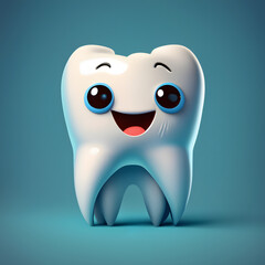 Dental 3d tooth character isolated on blue background. Dental examination teeth, dental health and hygiene concept. 3d rendering illustration.