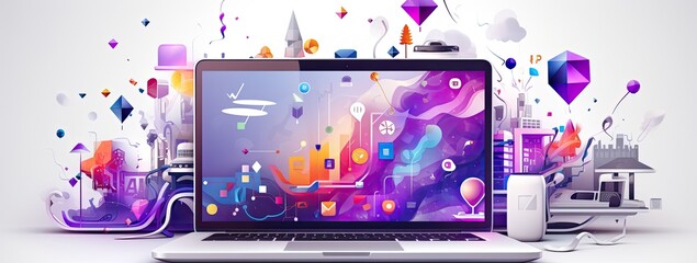 colorful desktop with laptop and icons