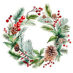 Watercolor Christmas Wreath Circle Round Banner with Fir, Mistletoe and Holy Berries and Pine Cones, Green Branches and Red Berries. Copy Space, Place for Text. Winter Autumn Wreath. Hand painted.