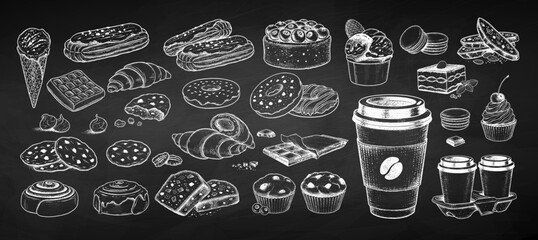 Vector chalk drawings illustratoins set of desserts and takeaway coffee on chalkboard background - obrazy, fototapety, plakaty