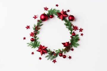 Christmas composition. Christmas wreath on white background. Flat lay, top view, copy space. generative ai.