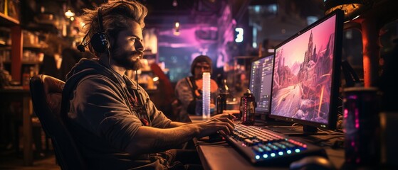 In the evening, a computer gamer breaks from playing and drinks an energy drink.. - obrazy, fototapety, plakaty