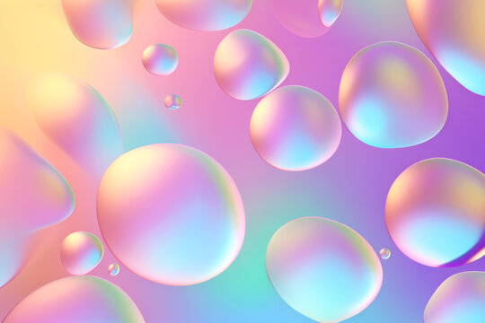 Free style holographic shapes. Metallic liquid drops. Ultraviolet gradient background