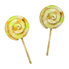 Watercolor hand drawn illustration, Saint Patrick holiday. Lollipop swirl candy white green orange. Ireland tradition. Single element Isolated on white background. Invitations, print, party, cards.