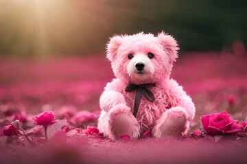 pink teddy bear on pink rose petals blurred nature in background generated by AI tool 