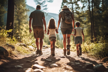 Family with two kids walking on a trail in a forest on a sunny summer day, view from the back. Active holiday.