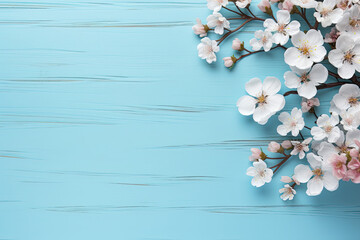White blossom  on a pink wooden table, copy space