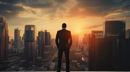 Silhouette of business man stand and feel happy on the most hight at stand on sunset, success, leader, teamwork, target, Aim, confident, achievement, goal, on plan, finish, generate by AI