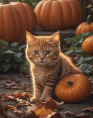 A cute cat is sitting in the hallowing photo set in warm autumn colors with a pumpkin in pumpkin garden