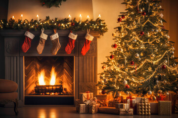 A beautifully decorated living room with a litfireplace, Chrismas theme. - Powered by Adobe