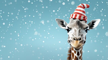 Happy giraffe, in santa claus hat on christmas holiday time. Digital art on blue background. - obrazy, fototapety, plakaty