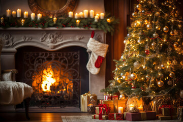 A beautifully decorated living room with a litfireplace, Chrismas theme.