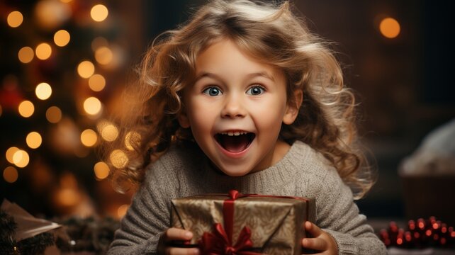 Opening a Christmas gift box, a surprised infant boy.