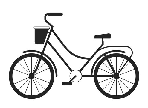 Bicycle with basket flat monochrome isolated vector object. Single track vehicle. Transport. Editable black and white line art drawing. Simple outline spot illustration for web graphic design