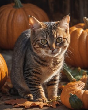 A cute cat is sitting in the hallowing photo set in warm autumn colors with a pumpkin in pumpkin garden