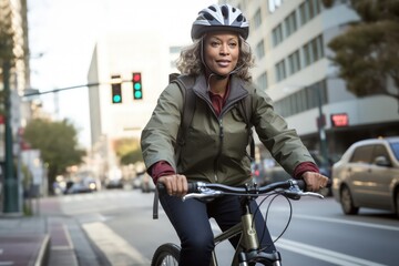Cycling commuter - a middle aged beautiful African American woman iin helmet riding a bicycle on a road in a city street.