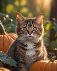 Obraz premium A cute cat is sitting in the pumpkin garden photo set in warm autumn colors with a pumpkin