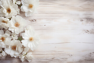 Fototapeta na wymiar White flowers on a white wooden background, copy space 