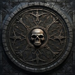 Gothic Death Motifs: Exquisite Medieval Stone Flooring in a Dark Fantasy Ambience, Illuminated with 