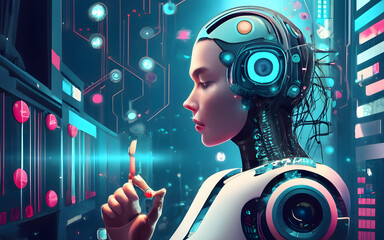 Artificial intelligence, a humanoid cyborg with a neural network thinks. Artificial intelligence with a digital brain is learning to process big data.