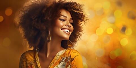 Photo with autumn mood - happy laughing African American young woman on a yellow autumn background.