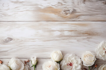 White roses on a white wooden background, copy space 