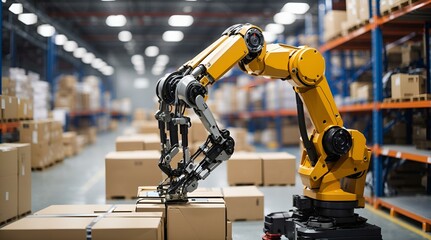 自動ロボットのメカニカルアームが物流倉庫で稼働する｜Automatic robot mechanical arm works in distribution warehouse. Generative AI