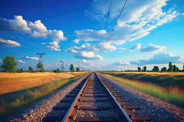 Train tracks in the countryside with cloudy blue sky and blue