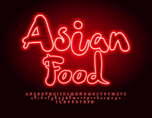 Vector advertising poster Asian Food.  Handwritten Neon Font. Red Glowing Alphabet Letters and Numbers set
