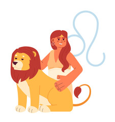 Leo zodiac sign flat concept vector spot illustration. Brave young woman with lion 2D cartoon character on white for web UI design. Astrology isolated editable creative hero image