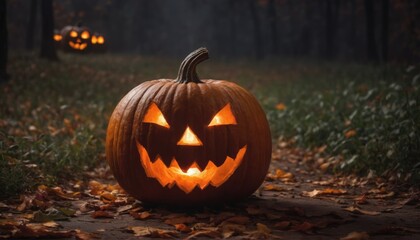 Glowing pumpkin close-up Halloween illustration.