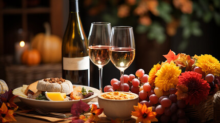秋の優雅さ: ワイン、チーズ、秋の果物、花のアレンジメント｜Autumn Elegance: Wine, Cheese, Autumn Fruits and Floral Arrangement　Generative AI
