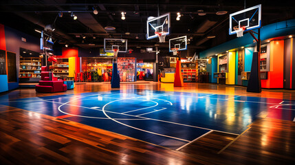 Sports-themed corner with basketball hoops and mini-golf stations. - obrazy, fototapety, plakaty