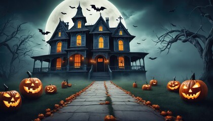 Fototapeta na wymiar Hallowing background , a haunted house, bats pumpkins full moon and a graveyard