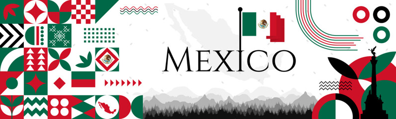 The Mexico Independence Day abstract banner design with flag and map. Flag color theme geometric pattern retro modern Illustration design. Green, white and Red color template.