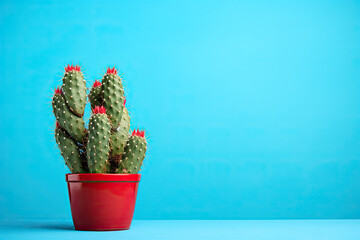 Prickly pear cactus against blue background