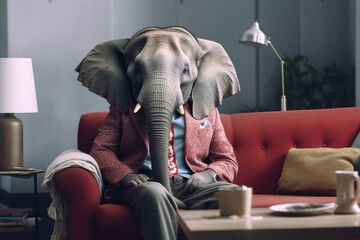 A elephant dressed in casual clothes sitting on a sofa at home - obrazy, fototapety, plakaty