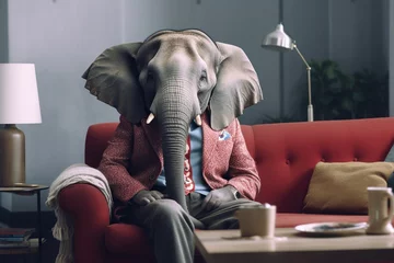 Foto op Aluminium A elephant dressed in casual clothes sitting on a sofa at home © RealPeopleStudio