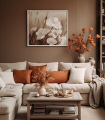 an orange and white flower arrangement in a living room with sofas, coffee table, and books on shelves