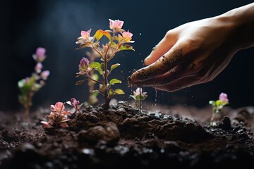 Fototapeta premium Hand planting and watering small plants in the ground