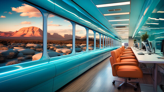 Travel-inspired office spaces resembling train compartments or airplane cabins.