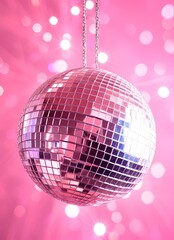 a shiny disco ball hanging from a chain on a pink background with sparkling lights in the background stock images, royalty free stock photos