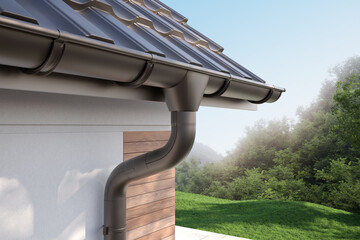 Close-up of the gutter, roof and corner of the house, 3D illustration - obrazy, fototapety, plakaty