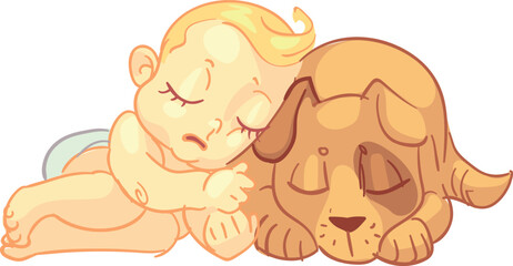 Toddler and puppy sleeping together. Cute little friends