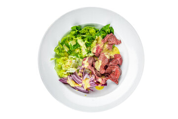 salad chicken stomach offal green lettuce, onion chicken meat offal vegetable, chicken meat meal food snack on the table copy space food background rustic top view