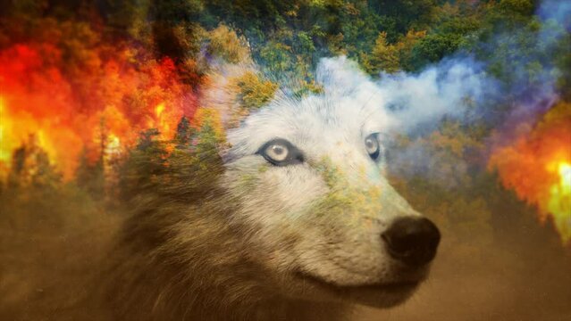 Extreme Heat and Forest Fires. Vanishing Animal Species; Wolf. Alpha Channel. Drag and Drop.