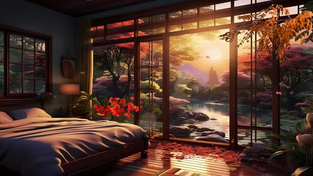Beautiful fantasy landscape from the bedroom of the house. animation cartoon style video art design