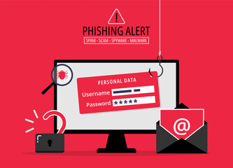 Phishing bait alert concept, login into account email with fishing hook, hacker trying to hack and steal personal data, cyber security warning from cybercrime